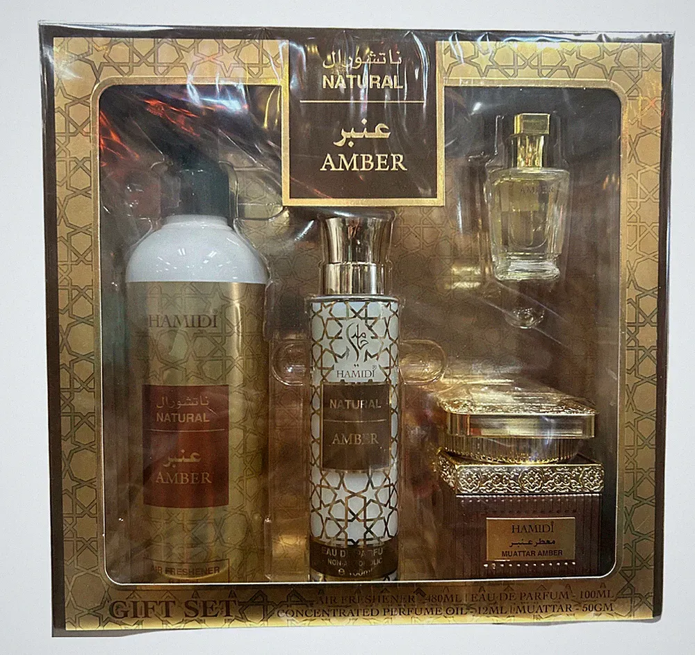 Hamidi Natural Amber 4pcs Gift Set- : A/F 480ML+50GM Muattar+100ML EDP+12ML